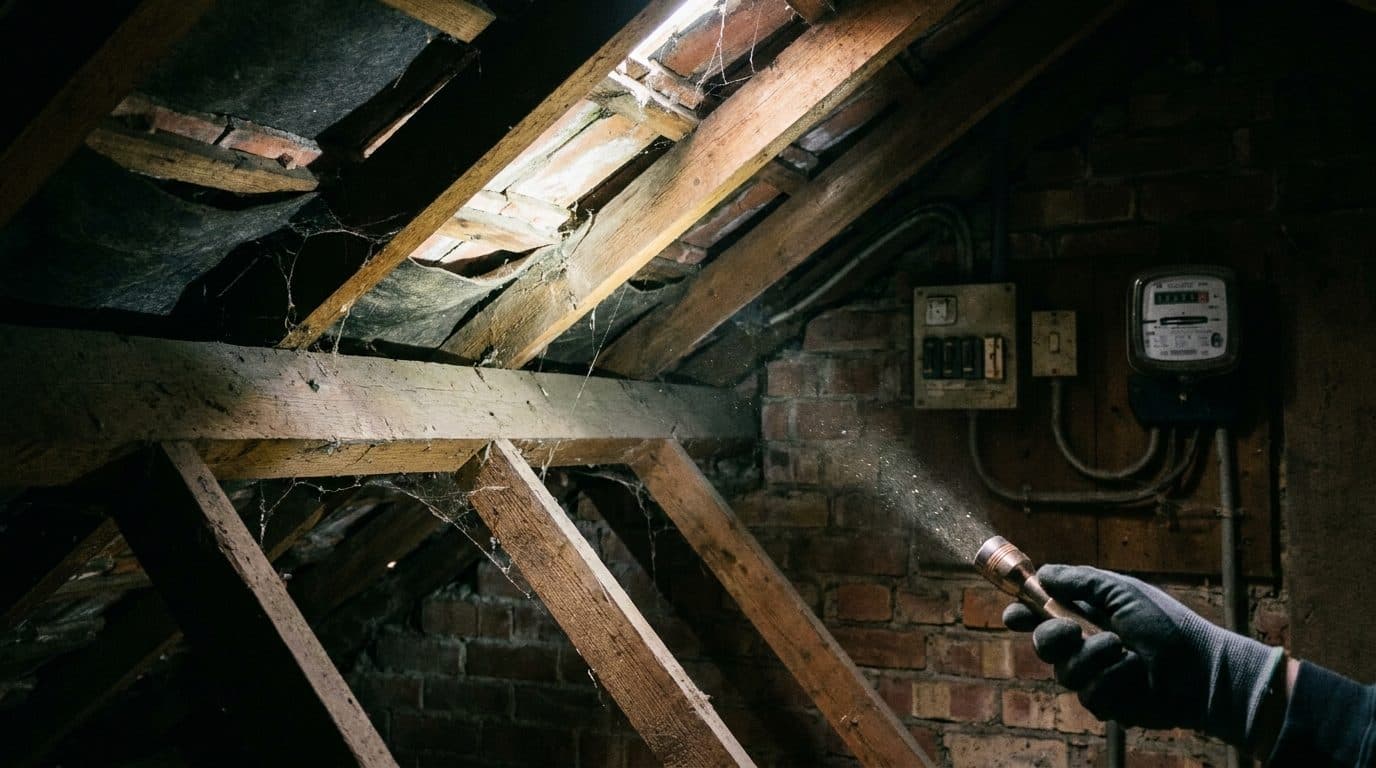 A torch beam raking across roof timbers in a loft during a pre-purchase walk-round