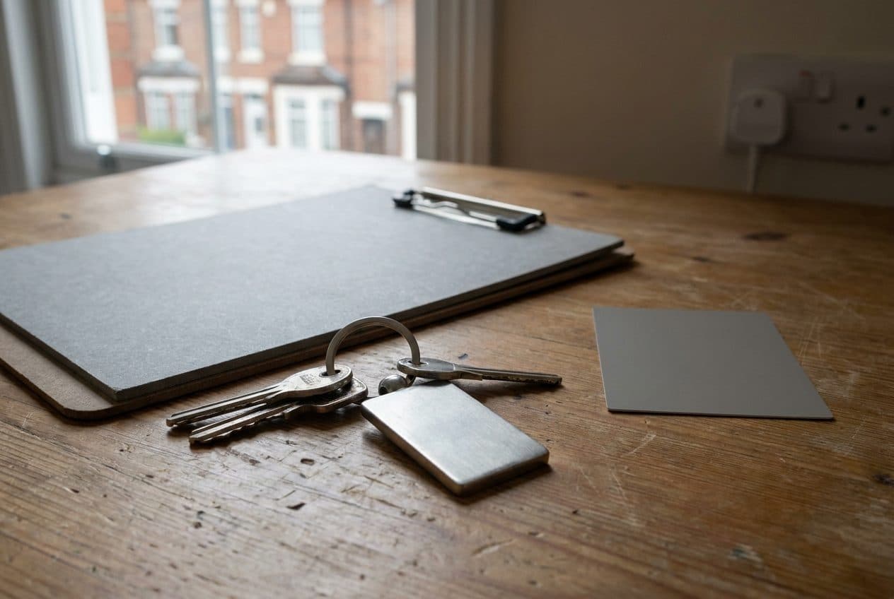 House keys on a blank fob beside a clipboard and grey scale card at a check-in