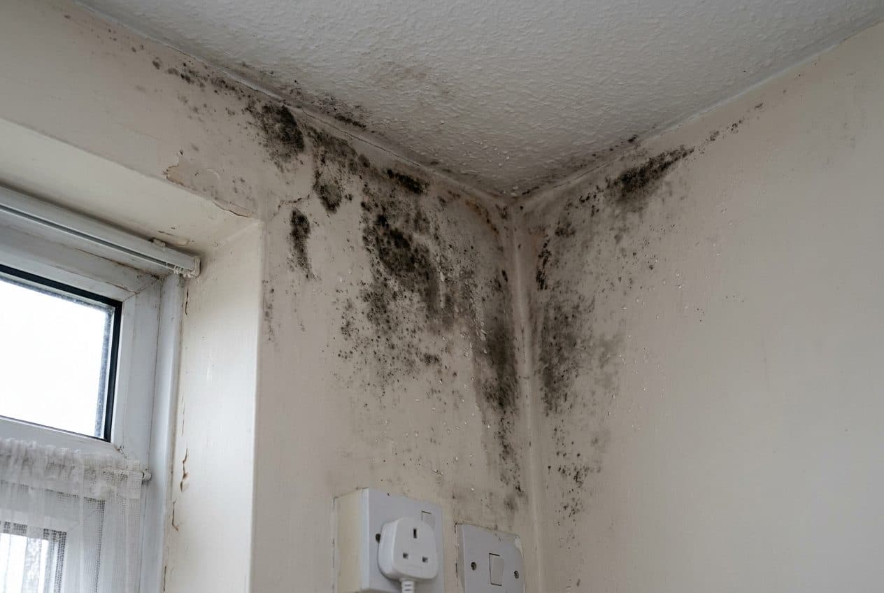 Black mould spotting in the corner of a bedroom ceiling above a window